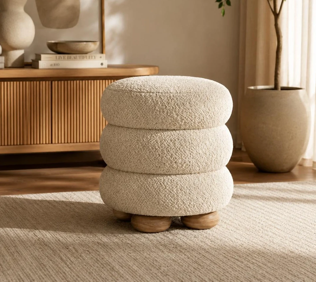 Ottoman, round and square upholstered poufs